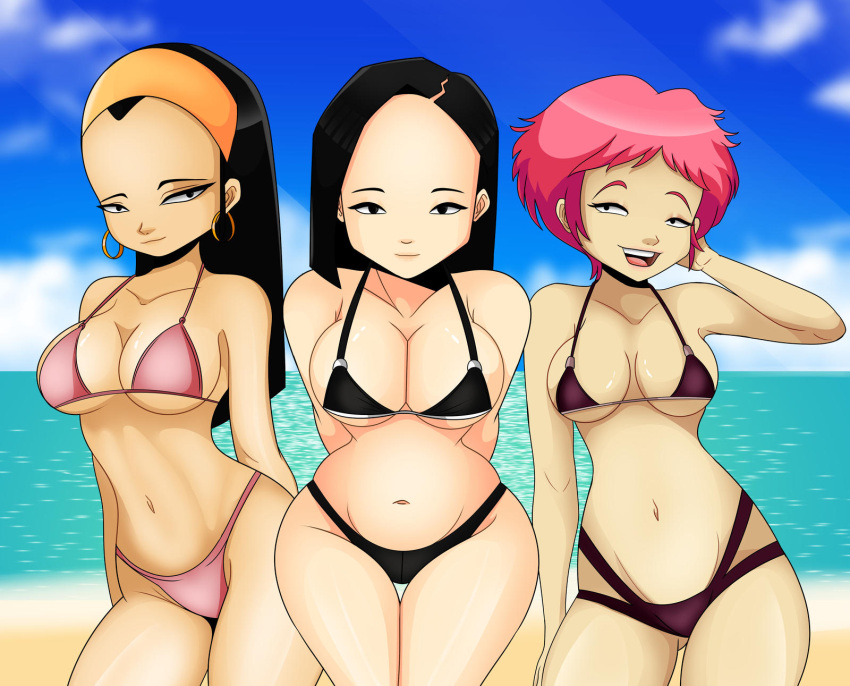 1girl 3_girls aelita_schaeffer beach bikini bikini_top code_lyoko elisabeth_delmas female_focus female_only sonson-sensei yumi_ishiyama