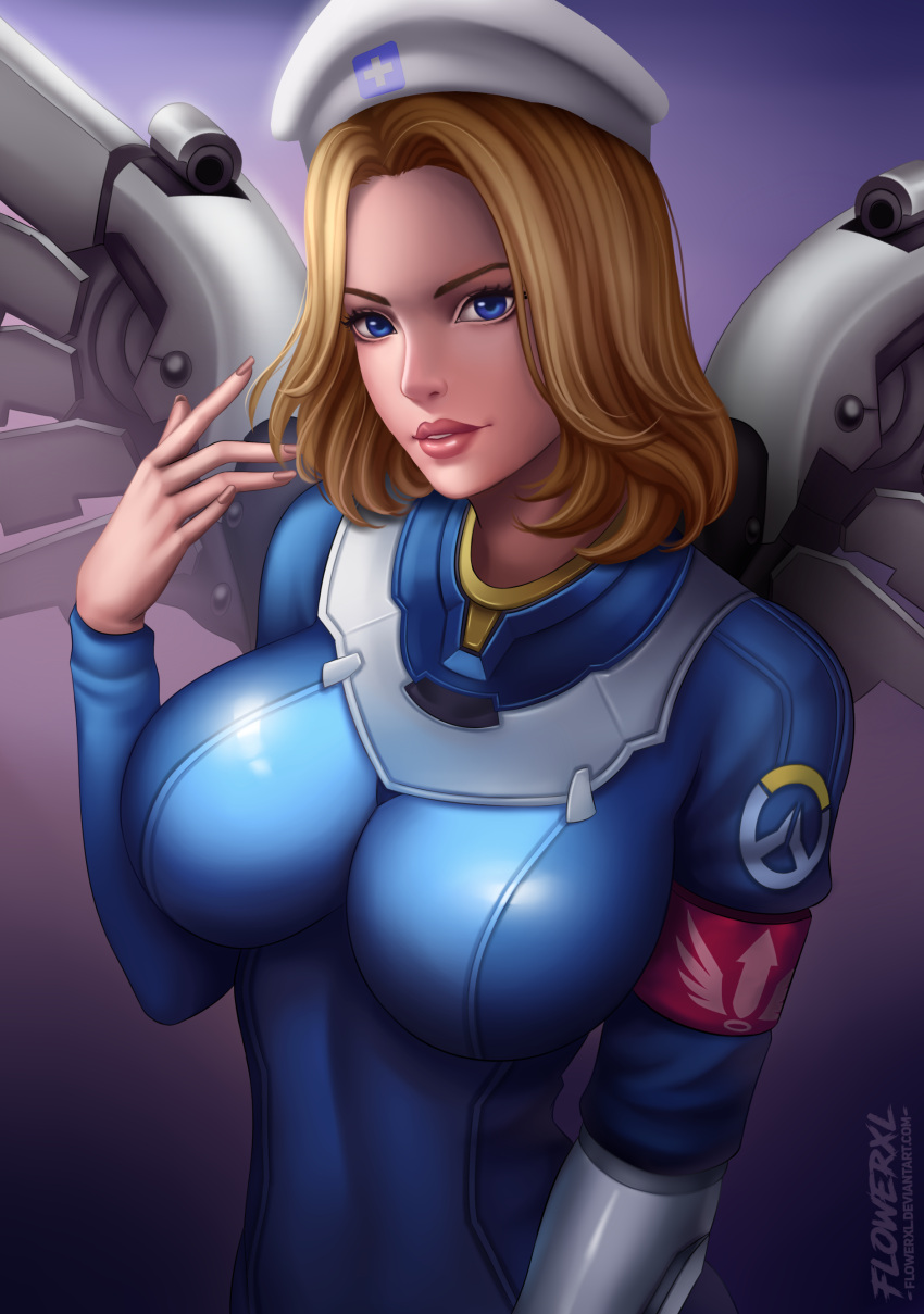 1girl abstract_background angela_ziegler artist_logo blizzard_entertainment blonde_hair blue_eyes breasts brown_lips brown_lipstick brown_nails clothing combat_medic_ziegler detailed_background deviantart_username female_only flowerxl huge_breasts looking_at_viewer medical membranous_wings mercy_(overwatch) nurse_cap overwatch overwatch_2 pale-skinned_female pale_skin short_hair simple_background swiss video_game_character