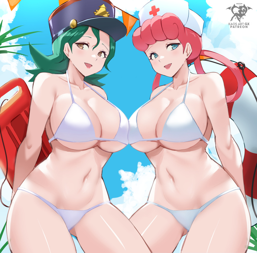 1girl 2_girls absurd_res alluring alternate_costume artist_name big_breasts bikini blue_eyes blue_headwear blue_sky bodyboard brown_eyes cleavage collarbone commentary creatures_(company) day english_commentary game_freak green_hair hair_rings hat high_res holding holding_swim_ring innertube jenny_(pokemon) joy_(pokemon) kaos_art lips lipstick makeup multiple_girls navel nintendo nurse_cap nurse_joy officer_jenny open_mouth outside pink_hair pink_lips pokemon pokemon_(anime) pokemon_(classic_anime) police_hat sky smile swim_ring swimsuit white_bikini white_headwear