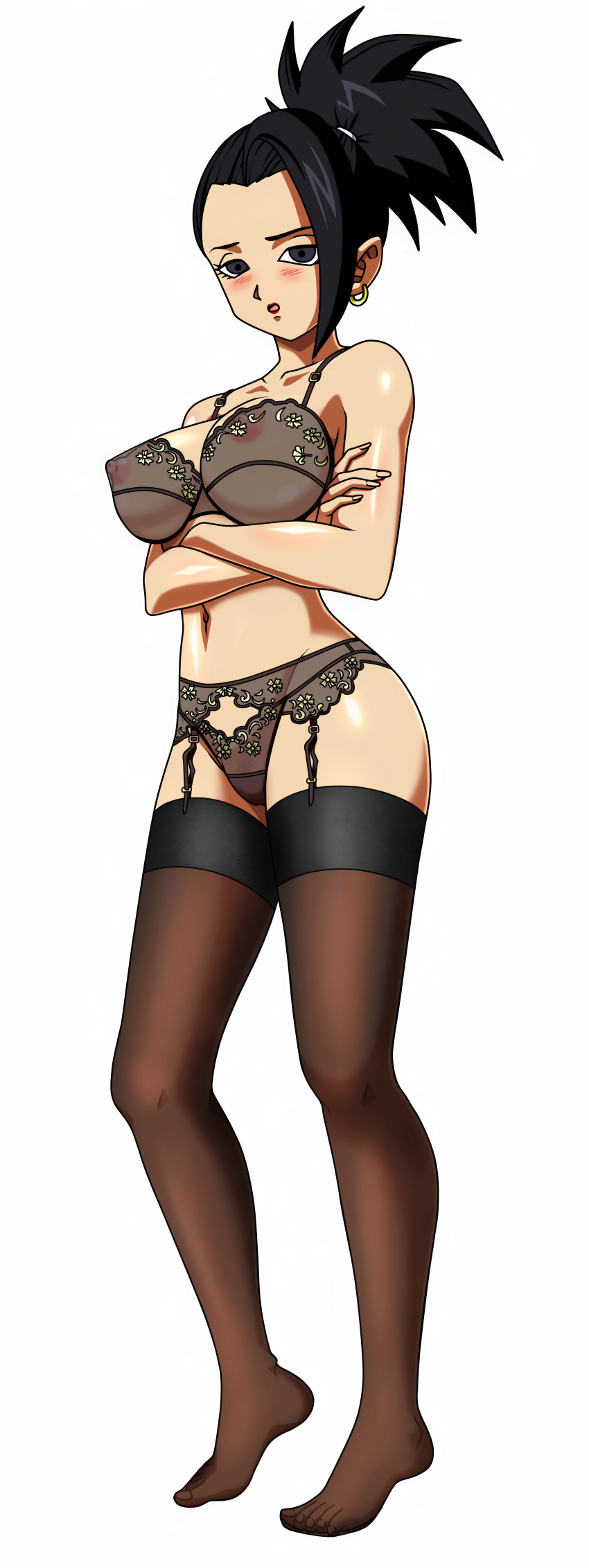 1girl big_ass big_breasts black_hair cute foxybulma kale lingerie piercing posing seductive shy thighs