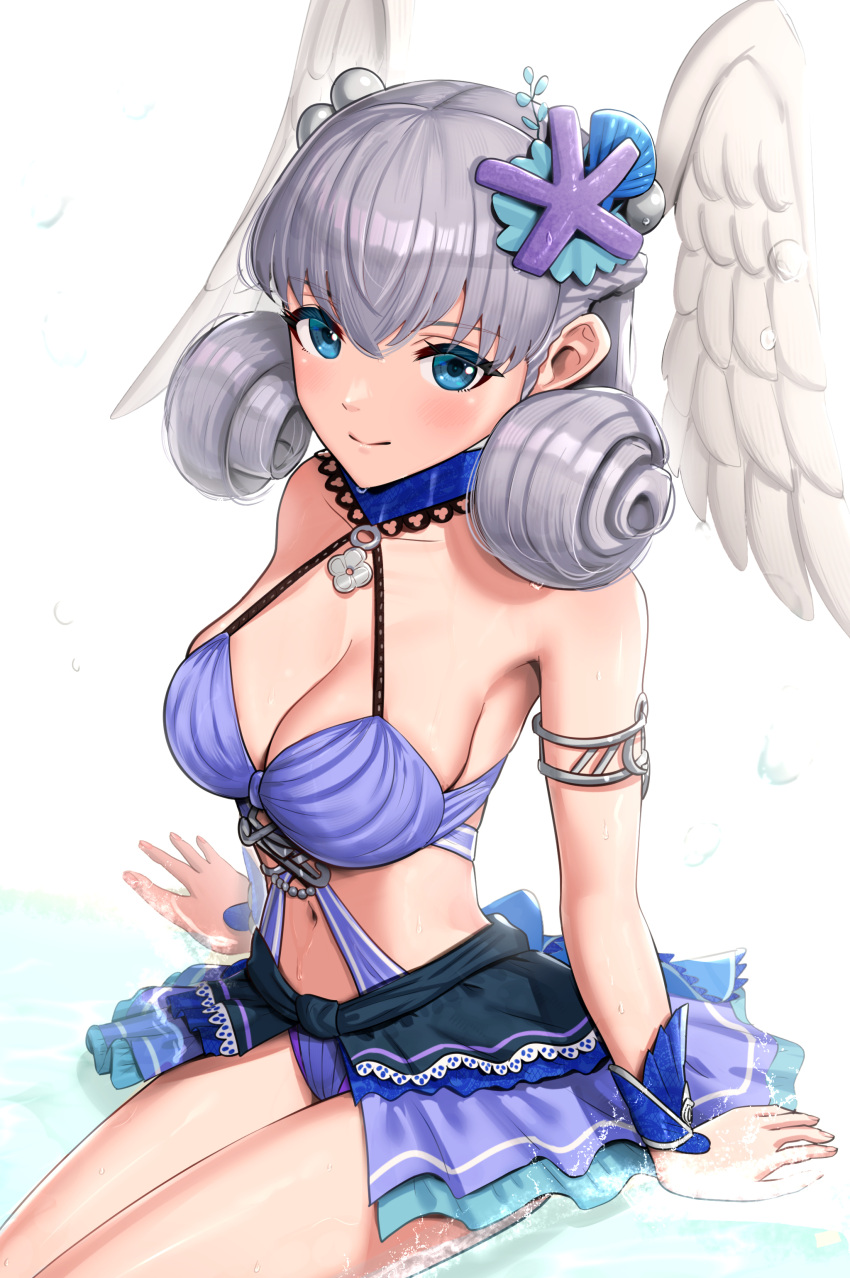 1girl 1girl absurd_res alluring blue_eyes cleavage gonzarez grey_hair head_wings high_res juliet_sleeves long_sleeves medium_breasts melia_antiqua melia_antiqua_(resort_style) navel o-ring puffy_sleeves swimsuit wings xenoblade_(series) xenoblade_chronicles