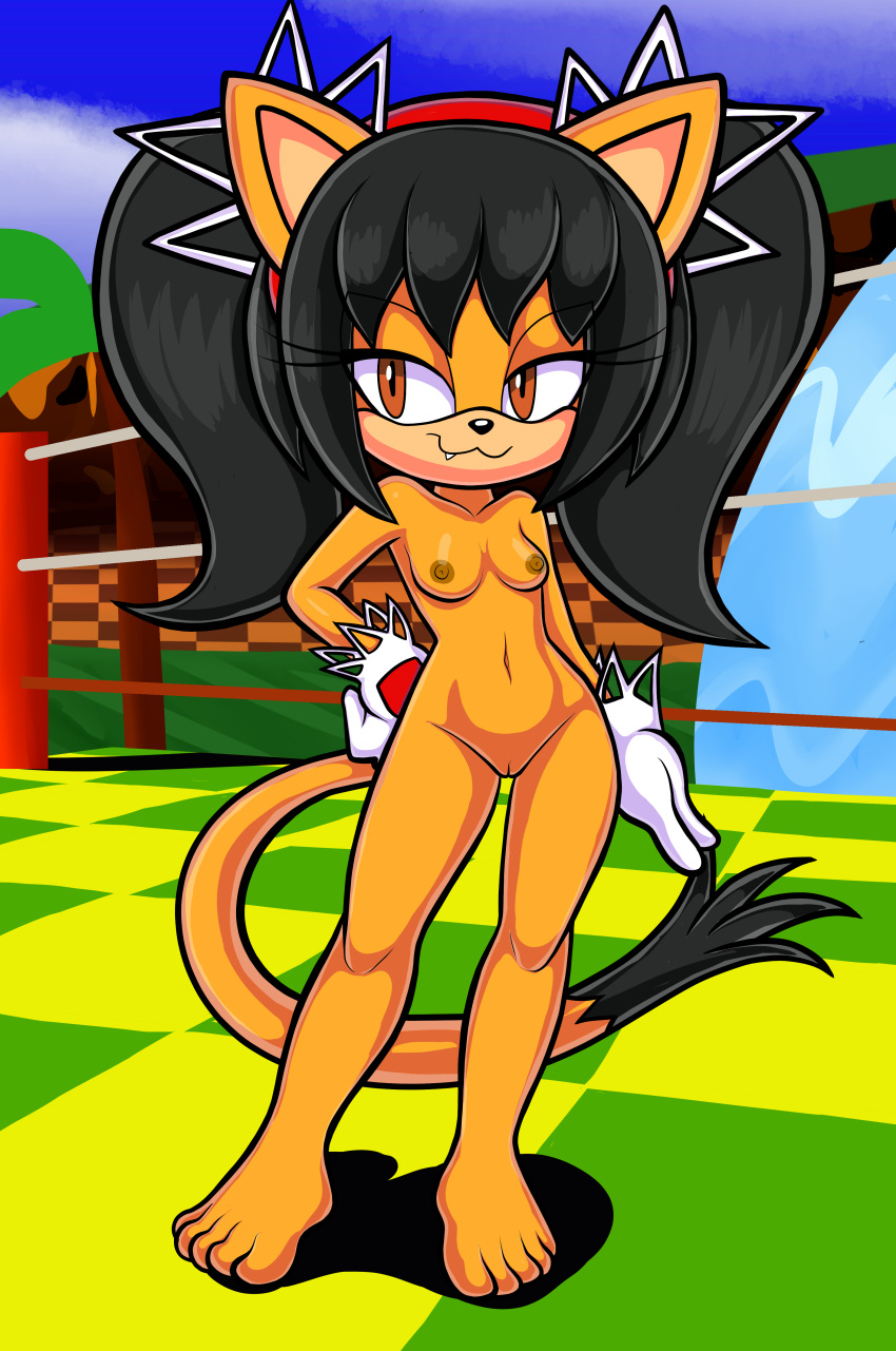 1girl 2024 :3 absurd_res accessory amber_eyes anthro black_hair blackmore breasts brown_nipples cat felid feline felis gloves gloves_only hair_accessory hairband hand_on_hip handwear high_res honey_the_cat looking_to_the_side mammal navel nipples nude pigtails pussy sega small_breasts solo sonic_the_fighters sonic_the_hedgehog_(series) tail