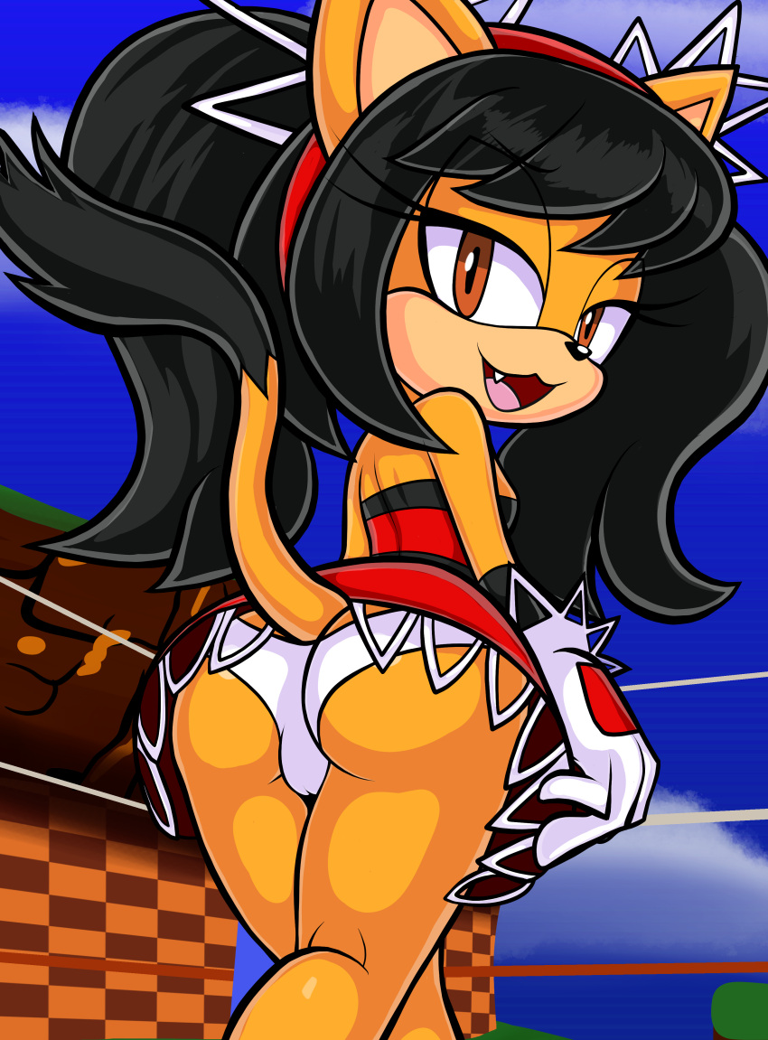 2024 :3 absurd_res accessory amber_eyes anthro ass ass_focus black_hair blackmore cameltoe cat clothing dress fang_out felid feline felis gloves hairband handwear high_res honey_the_cat looking_down mammal multicolored_dress open_smile orange_fur panties pigtails rear_view sega sonic_the_fighters sonic_the_hedgehog_(series) tail white_panties