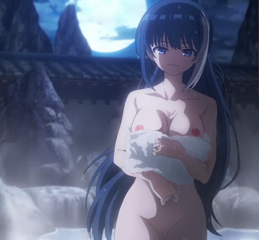 blue_eyes blue_hair edit long_hair looking_at_viewer medium_breasts moon multicolored_hair nekom14 nipples pussy scar_on_chest screencap termal_water towel yozakura-san_chi_no_daisakusen yozakura_mutsumi