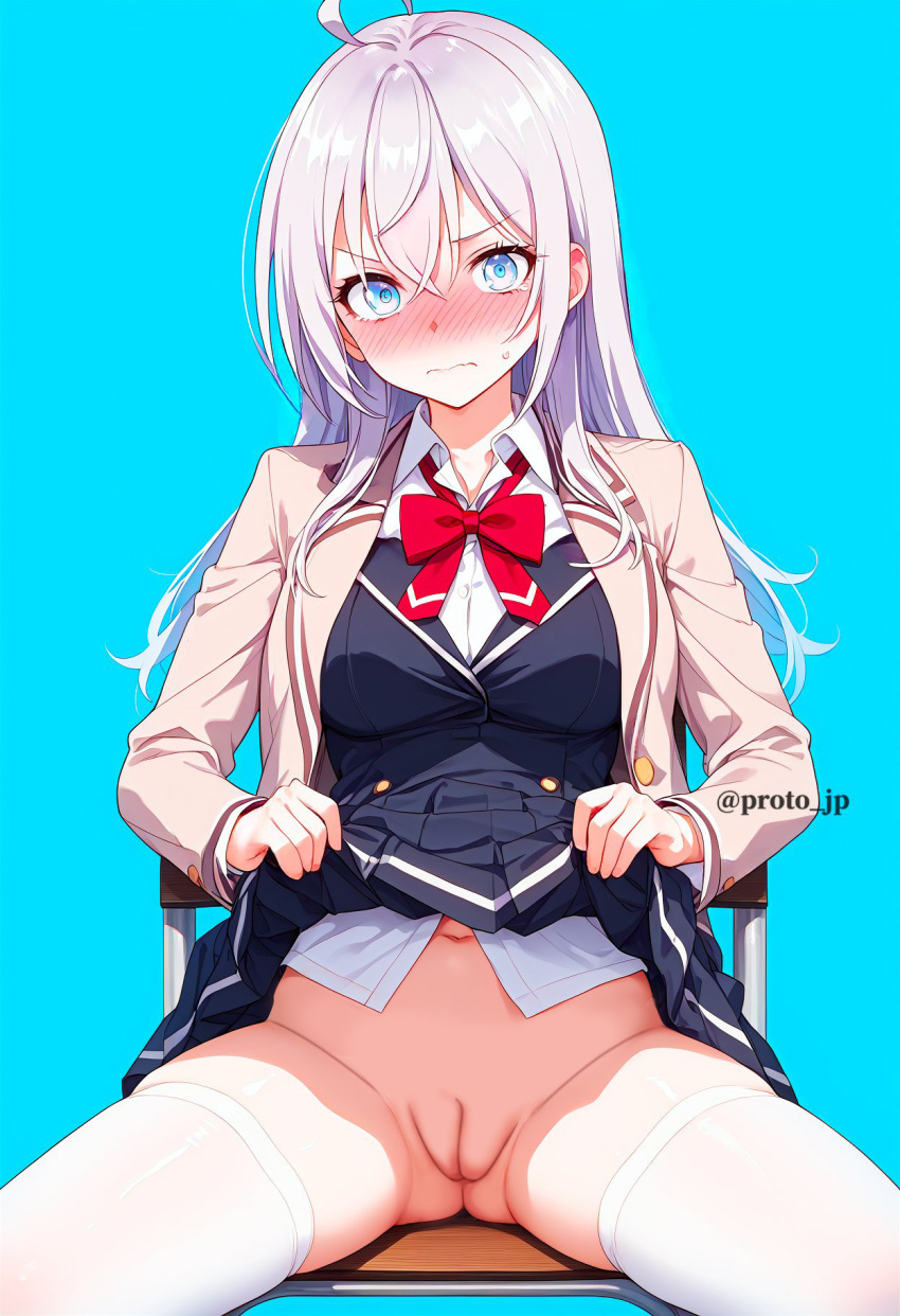 alisa_mikhailovna_kujou blue_eyes lifted_by_self lifted_skirt long_hair looking_at_viewer nekom14 no_panties pussy schoolgirl tokidoki_bosotto_roshia-go_de_dereru_tonari_no_alya-san white_hair white_thighhighs