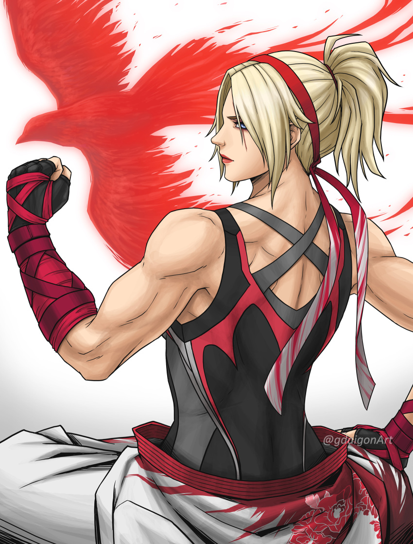 1girl 1girl alluring athletic_female back_turned bird black_gloves black_tank_top blonde_hair blue_eyes clothes_around_waist dougi falcon fingerless_gloves fit_female gdaigonart geoffrey_daigon gloves hairband headband high_res lidia_sobieska namco ponytail red_hairband red_headband scar scar_across_eye scar_on_face simple_background sitting studded_gloves tank_top tekken tekken_8 twitter_username white_background