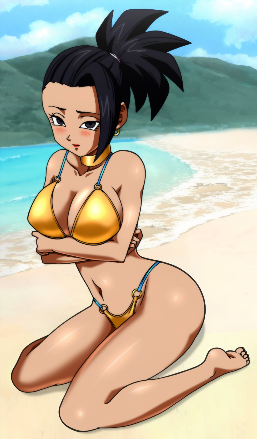 1girl beach big_ass big_breasts bikini black_hair cute foxybulma gold_bikini kale posing sea seductive shy