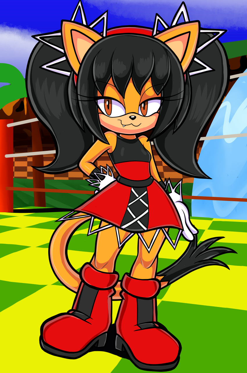 2024 :3 absurd_res accessory amber_eyes anthro black_hair blackmore boots cat clothing dress fang_out felid feline felis footwear gloves hairband hand_on_hip handwear high_res honey_the_cat looking_to_the_side mammal multicolored_dress orange_fur pigtails red_boots sega smile solo sonic_the_fighters sonic_the_hedgehog_(series) tail