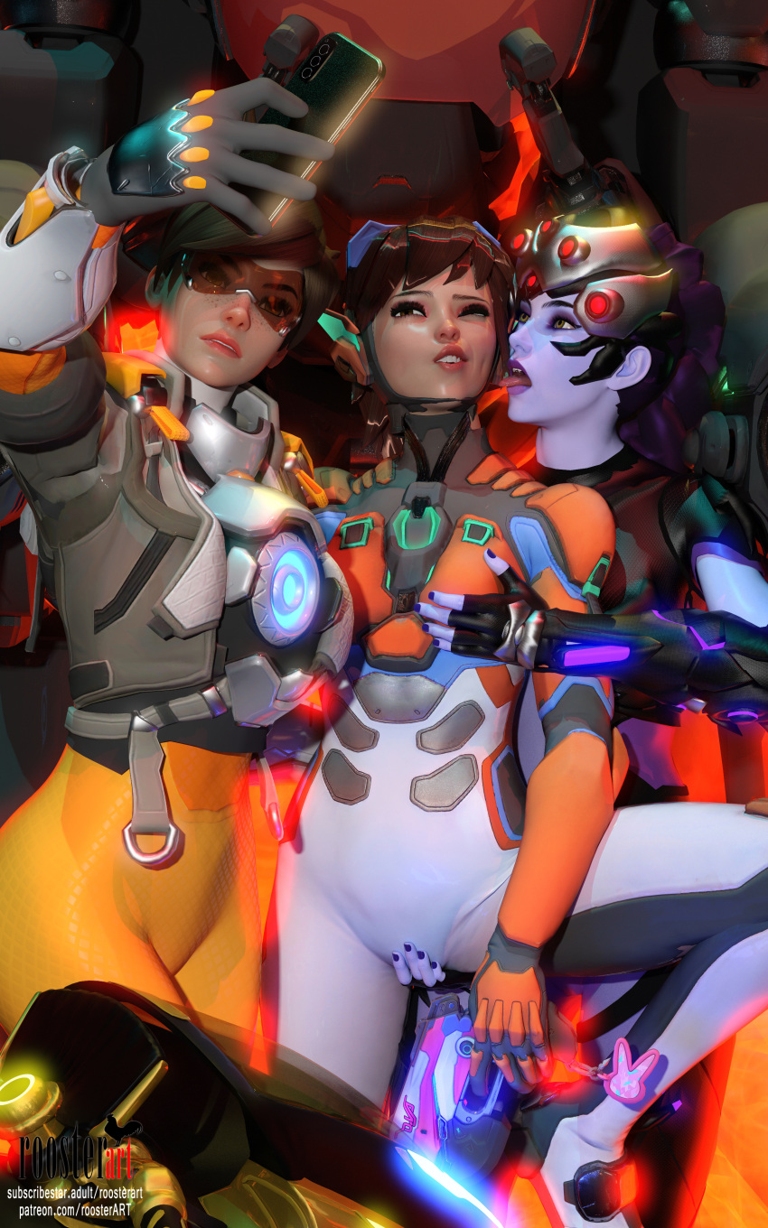 10:16 1girl 3_girls 3d 3d_(artwork) 4k clothed d.va female_only freckles freckles_on_face hand_on_breasts hand_on_pussy making_faces overwatch overwatch_2 patreon patreon_username roosterart standing subscribestar subscribestar_username taking_selfie tongue tongue_out tracer video_game video_game_character video_game_franchise widowmaker