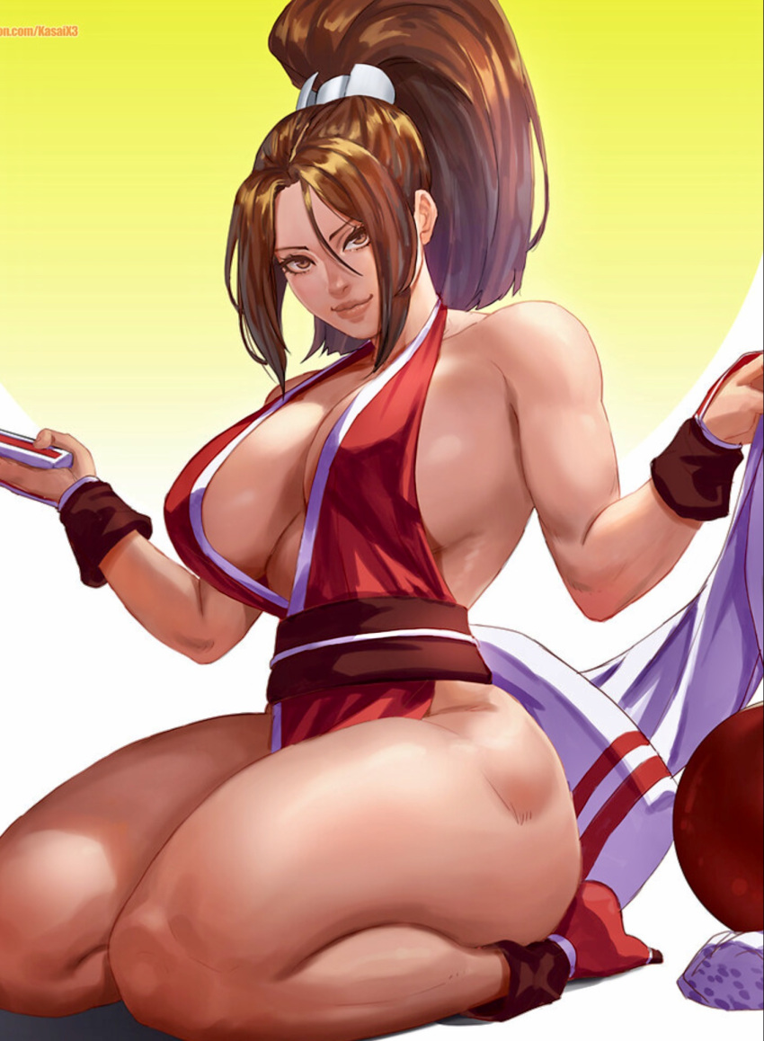 1girl alluring arms artist_name bare_shoulders big_breasts breasts brunette caucasian cleavage clothed fatal_fury green_eyes high_res japanese_clothes king_of_fighters long_hair looking_at_viewer mai_shiranui muscular_female no_bra non-nude on_knees parted_lips posing revealing_clothes sexy slut thick_thighs thong_leotard tied_hair toned white_background wide_hips x3