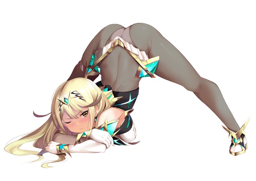 1girl 1girl ass bare_shoulders big_breasts blonde_hair chest_jewel cleavage cleavage_cutout clothing_cutout daive dress earrings elbow_gloves gloves high_res jack-o'_challenge jewelry long_hair mythra mythra_(massive_melee)_(xenoblade) short_dress spread_legs swept_bangs thigh_strap tiara very_long_hair white_dress white_footwear white_gloves xenoblade_(series) xenoblade_chronicles_2 yellow_eyes