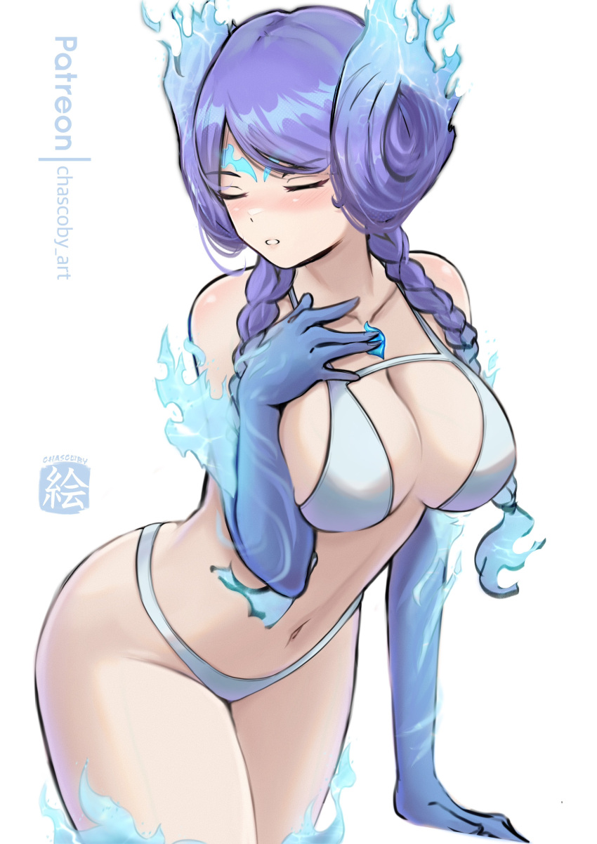 1girl absurd_res alluring big_breasts bikini blush braid brighid brighid_(xenoblade) chascoby closed_eyes collarbone fiery_hair fire gloves high_res long_hair purple_hair swimsuit twin_braids xenoblade_(series) xenoblade_chronicles_2