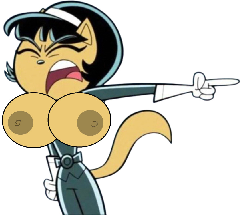 1girl big_breasts black_hair black_nose breasts closed_eyes closed_mouth cosplay edit eyebrows eyelashes furry green_eyes kitty_katswell nickelodeon nipples no_bra pointing t.u.f.f._puppy tagme white_background