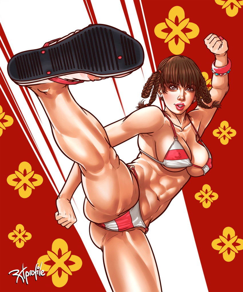 1girl 1girl alluring athletic athletic_female big_breasts bikini brown_eyes brown_hair dead_or_alive dead_or_alive_2 dead_or_alive_3 dead_or_alive_4 dead_or_alive_5 dead_or_alive_6 dead_or_alive_xtreme dead_or_alive_xtreme_2 dead_or_alive_xtreme_3 dead_or_alive_xtreme_3_fortune dead_or_alive_xtreme_beach_volleyball dead_or_alive_xtreme_venus_vacation female_abs female_focus female_only fit_female high_kick hourglass_figure kick kicking lei_fang long_hair makeup radprofile_(artist) tagme tecmo tied_hair wide_hips