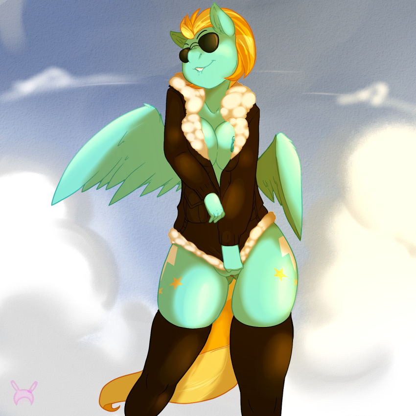 2014 anthro arnachy big_breasts biting_lip bomber_jacket bottomless breasts cutie_mark equine eyewear female friendship_is_magic fur furry green_fur hair jacket legwear lightning_dust mammal my_little_pony pegasus pussy solo sunglasses two_tone_hair wings