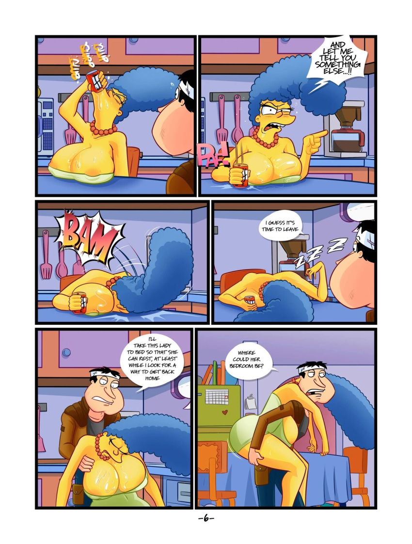 big_breasts blue_hair cartoon_milf comic crossover dialogue drunk family_guy glenn_quagmire huge_breasts kogeikun magumbos marge_simpson milf rape sleep_molestation the_simpsons whoa_look_at_those_magumbos yellow_skin