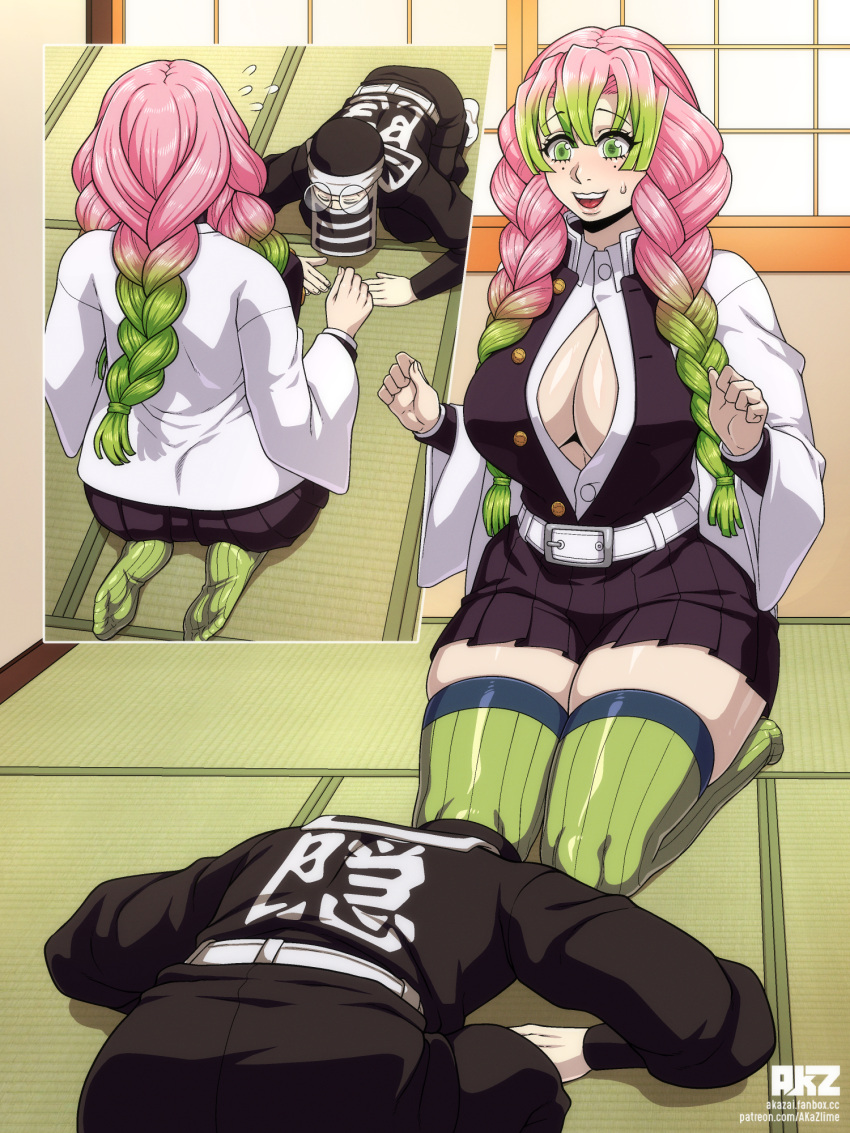 1boy 1girl akazai begging big_breasts blush boob_window braided_hair breasts cleavage clothed_female demon_slayer green_eyes haori high_res indoors kakushi_(kimetsu_no_yaiba) kanroji_mitsuri kimetsu_no_yaiba long_hair male male/female mature mature_female mole_under_eye open_shirt pink_hair pleated_skirt seiza shouji smile stockings sweatdrop tatami thick_thighs two_tone_hair uniform