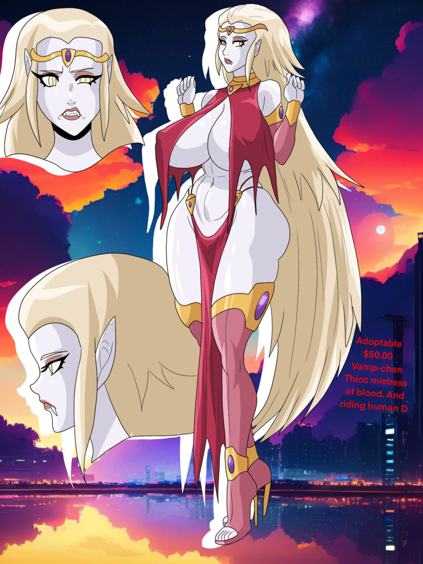 big_ass big_breasts blonde_hair character_sheet fangs monster_girl ninja-8004 pointy_ears tiara vampire very_long_hair white_skin yellow_eyes