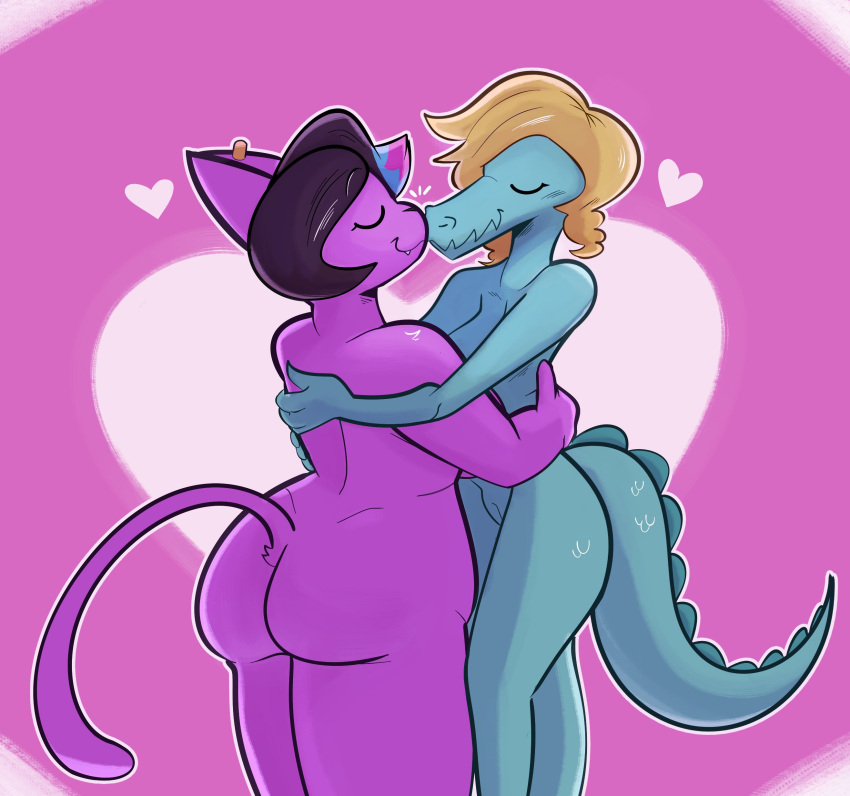 2010s 2019 2_girls 2d 2d_(artwork) 2girls absurd_res alligator alligatorid ass back big_ass big_breasts big_ears blonde_hair blue_hair bratty_(undertale) breasts catty_(undertale) chubby cleavage closed_eyes commission commission_art crocodilian digital_media_(artwork) duo ear_piercing earring earrings electricplasmid feline female_only furry gabbah hair heart high_res hugging interspecies kissing mammal nude nude_anthro nude_female piercing pink_background purple_background purple_body purple_fur pussy reptile samoyena scalie short_hair tail teeth two_tone_hair undertale undertale_(series) video_game_character video_games yuri