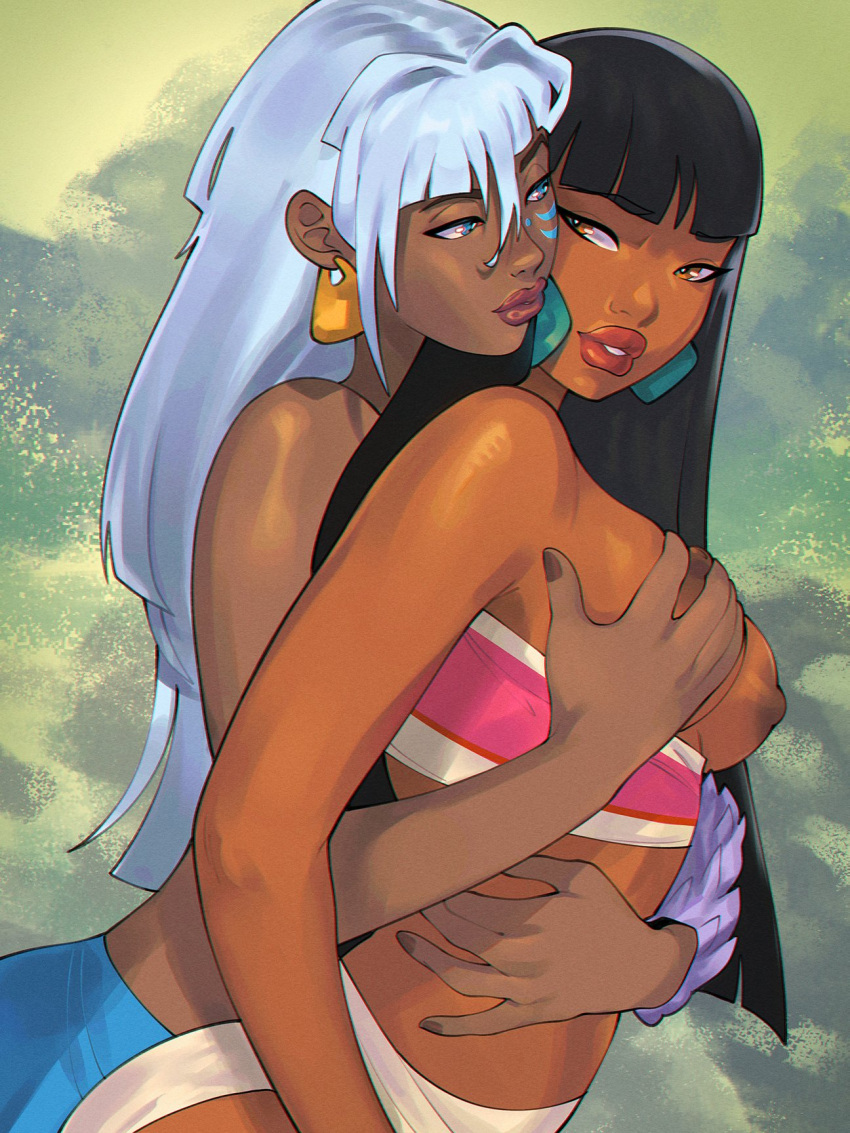 2_girls atlantis:_the_lost_empire black_hair brown_skin chel cinnabarbie crossover disney dreamworks earrings naughty_face princess_kidagakash tattoo the_road_to_el_dorado white_hair yuri