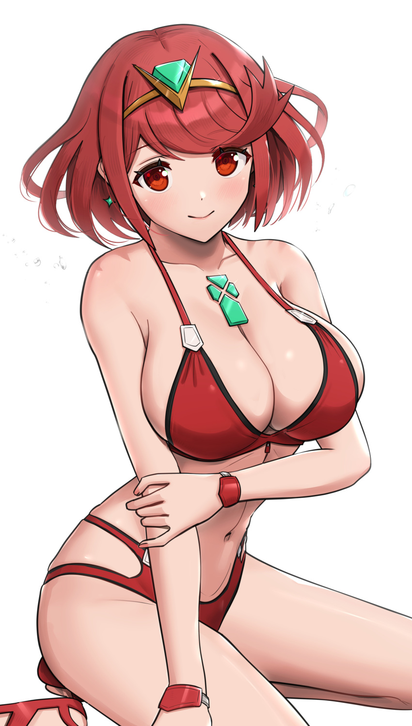 1girl absurd_res alluring big_breasts bikini blush breasts chest_jewel cleavage closed_mouth collarbone drop_earrings earrings gonzarez high_res holding_own_arm jewelry looking_at_viewer navel nintendo pyra red_bikini red_eyes red_footwear red_hair short_hair sitting smile swept_bangs swimsuit tiara wariza white_background xenoblade_(series) xenoblade_chronicles_(series) xenoblade_chronicles_2