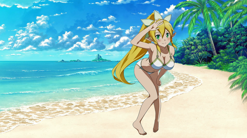 1girl alluring beach big_breasts bikini blonde_hair blue_sky cleavage clouds green_eyes leafa ocean palm_trees sword_art_online wallpaper