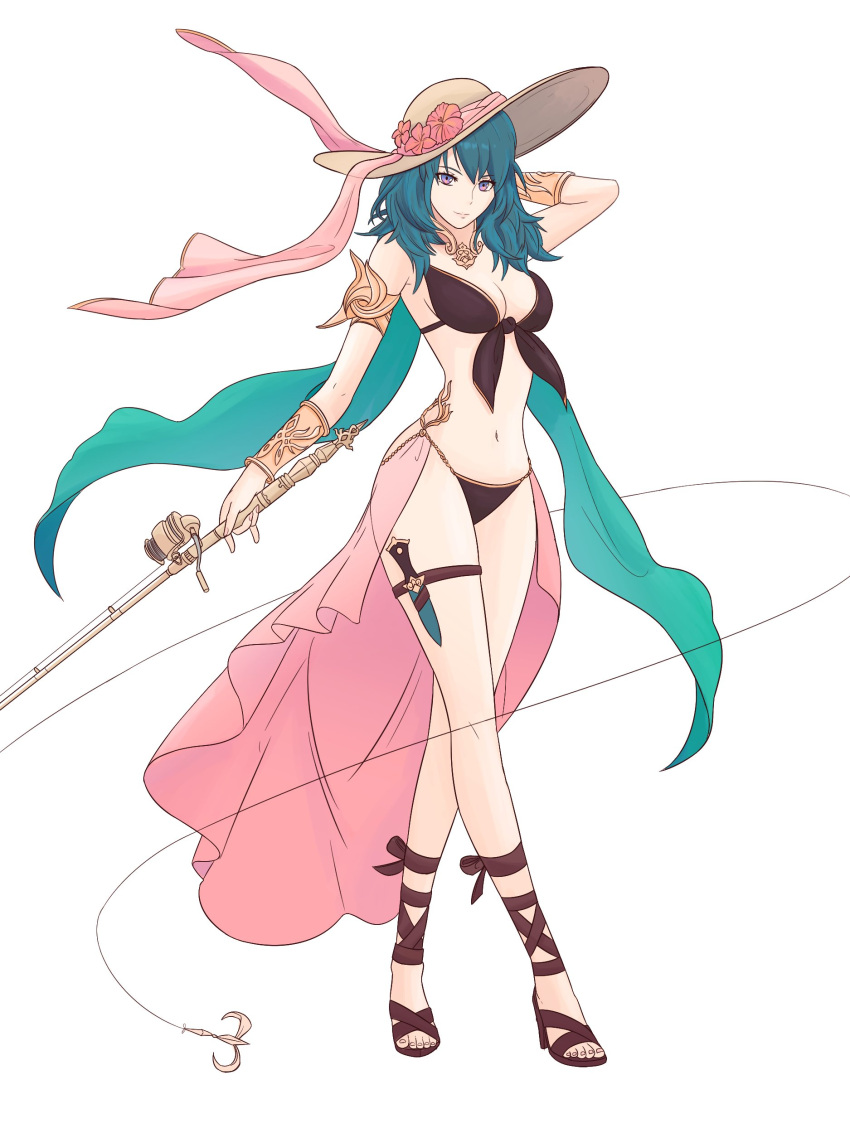 1girl alluring bikini black_bikini blue_eyes bracelet byleth_(fire_emblem) byleth_(fire_emblem)_(female) cape cute fire_emblem fire_emblem:_three_houses fire_emblem_heroes fishing_rod flower flower_hat hat hibiscus intelligent_systems jewelry knife navel nintendo parted_lips pink_cape sandals short_hair simple_background sun_hat swimsuit sword teal_hair true_jek_art truejekart weapon