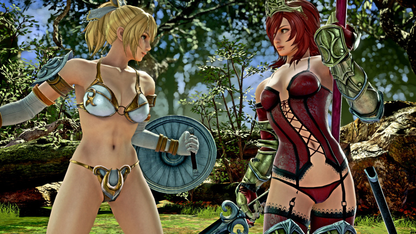 2_girls alluring armored_bra armored_panties blonde_hair brown_eyes cassandra_alexandra cleavage green_eyes hildegard_von_krone lingerie project_soul red_hair silf soul_calibur soul_calibur_ii soul_calibur_iii soul_calibur_v soul_calibur_vi sword_and_shield weapons