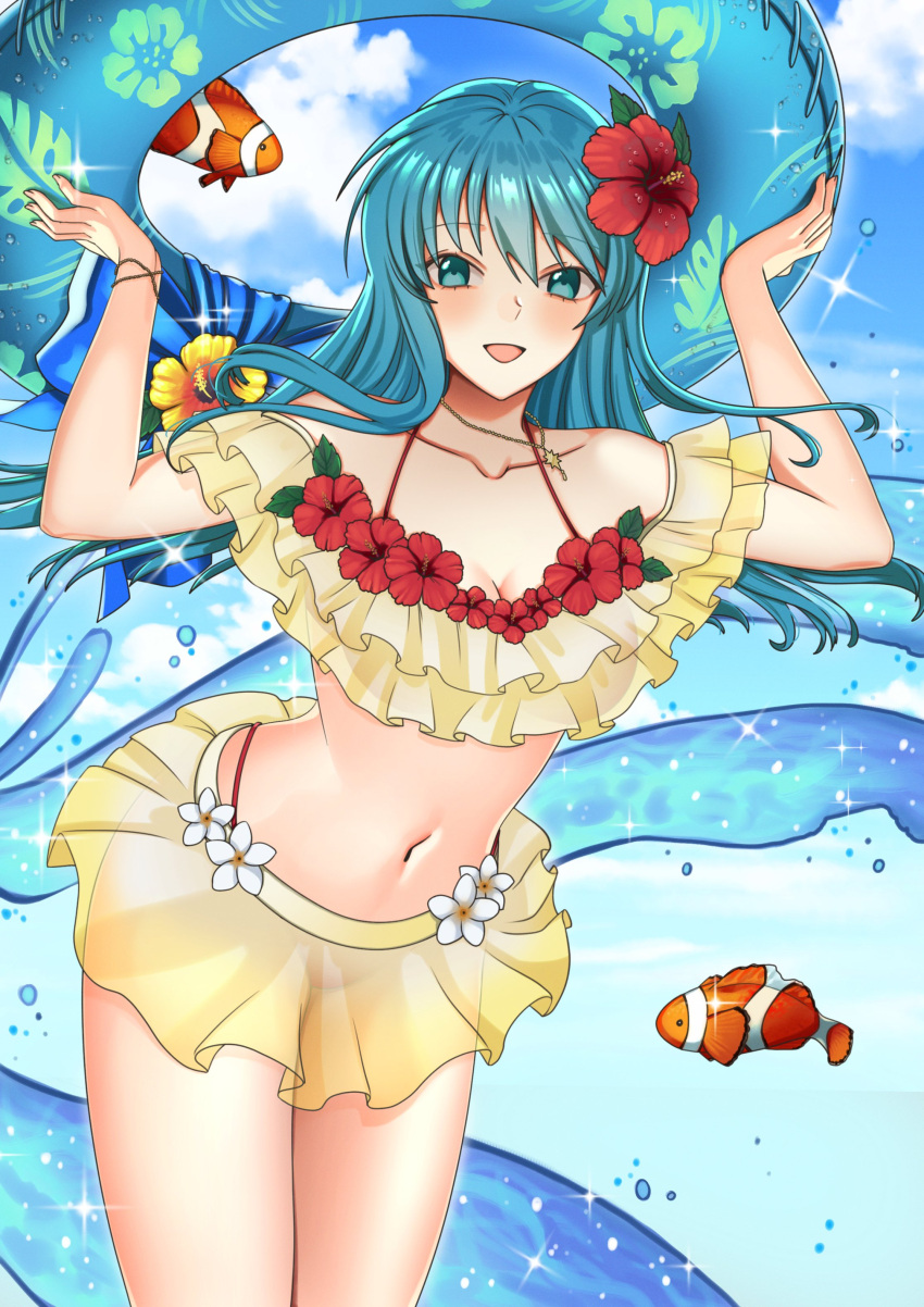 1girl 1girl :d absurd_res alluring aqua_eyes aqua_hair bikini breasts clownfish collarbone eirika_(fire_emblem) fire_emblem fire_emblem:_the_sacred_stones fire_emblem_heroes fish flower hair_flower hair_ornament high_res holding holding_innertube innertube jewelry long_hair looking_at_viewer mari48240422 navel necklace nintendo official_alternate_costume open_mouth red_flower smile swimsuit water yellow_bikini