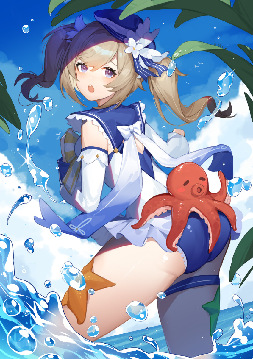 1girl 1girl :o absurd_res ass ayu_(ayuyu0924) barbara_(genshin_impact) barbara_(summertime_sparkle)_(genshin_impact) beach blonde_hair blue_eyes blue_sky bow bowtie closed_eyes cloud day drill_hair genshin_impact hat high_res looking_at_viewer octopus one-piece_swimsuit open_mouth partially_submerged sailor_hat sky starfish swimsuit tentacle twin_drills twin_tails water