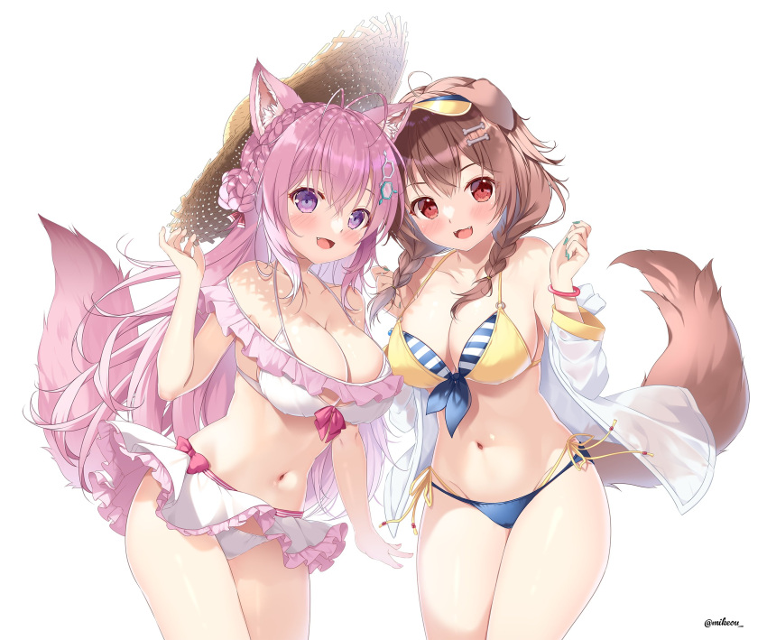 2_girls :d animal_ears antenna_hair big_breasts bikini bikini_skirt blue_bikini blush bone_hair_ornament braid breasts brown_hair cleavage collarbone commentary_request crossed_bangs dog_ears dog_girl dog_tail fangs french_braid hair_between_eyes hair_ornament hakui_koyori hexagon_hair_ornament high_res hololive inugami_korone layered_bikini long_hair mikeou mismatched_bikini multiple_girls nail_polish navel open_mouth pink_hair purple_eyes red_eyes side-tie_bikini_bottom simple_background smile standing striped striped_bikini swimsuit tail twin_braids twitter_username virtual_youtuber white_background white_bikini wolf_ears wolf_girl wolf_tail yellow_bikini