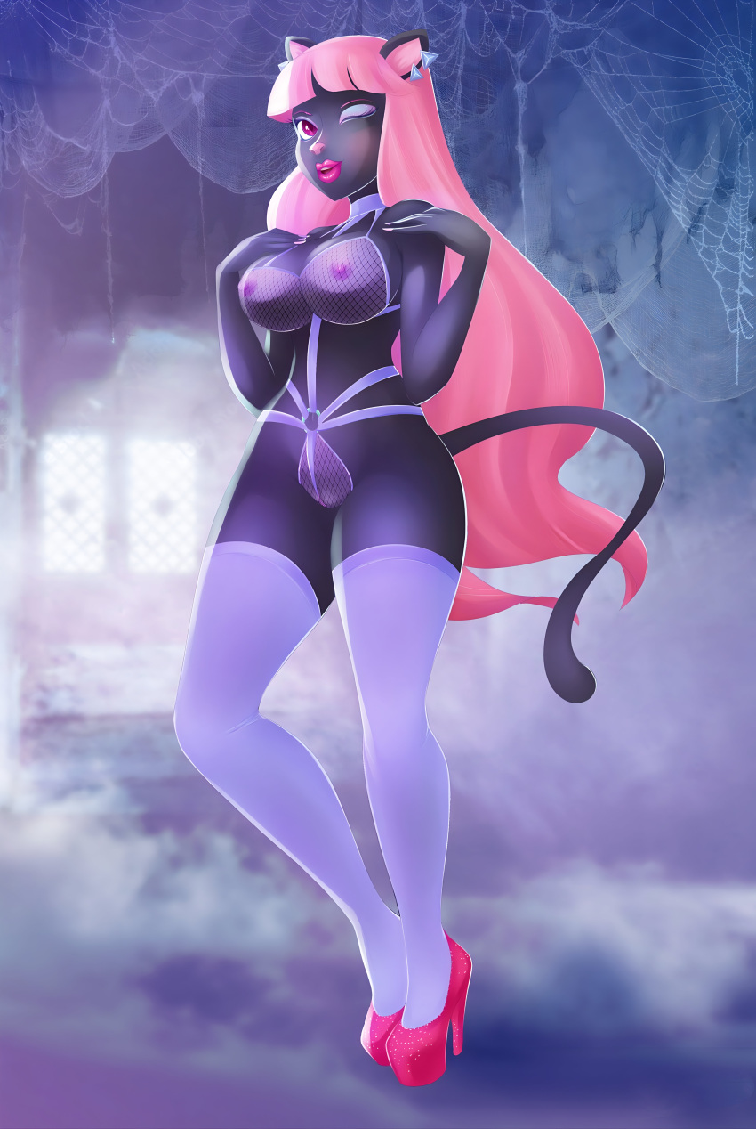 1girl big_ass big_breasts black_fur catty_noir feline glamourpink lingerie pink_hair platform_shoes posing seductive tail