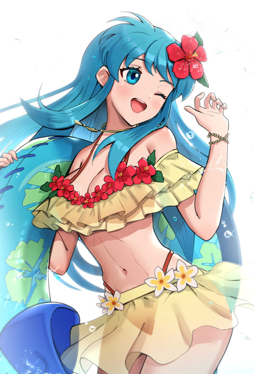 1girl 1girl alluring aqua_eyes aqua_hair bikini bikini_skirt breasts cleavage eirika_(fire_emblem) fire_emblem fire_emblem:_the_sacred_stones fire_emblem_heroes frilled_bikini frills gonzarez high_res layered_bikini long_hair medium_breasts navel nintendo official_alternate_costume one_eye_closed open_mouth red_bikini simple_background swimsuit two-tone_bikini white_background yellow_bikini