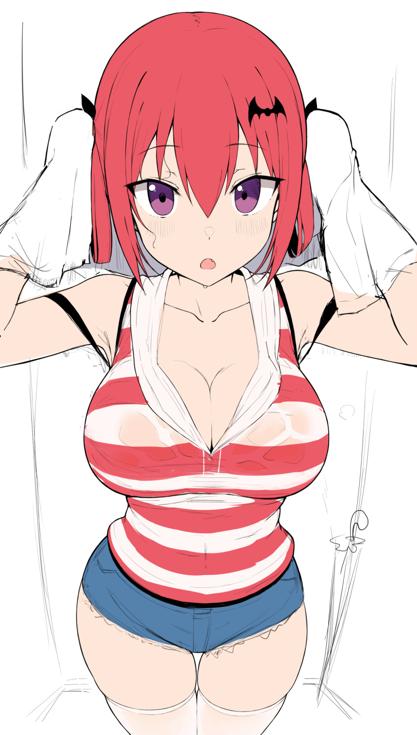 1girl bat_hair_ornament big_breasts bra_visible_through_clothes breasts cleavage curvy denim denim_shorts drying drying_hair gabriel_dropout greatmosu hair_ornament high_res looking_at_viewer open_mouth purple_eyes red_hair satanichia_kurumizawa_mcdowell shirt short_shorts shorts simple_background stockings striped striped_shirt thick_thighs thigh_gap thighs wet wet_clothes wet_hair white_thighhighs