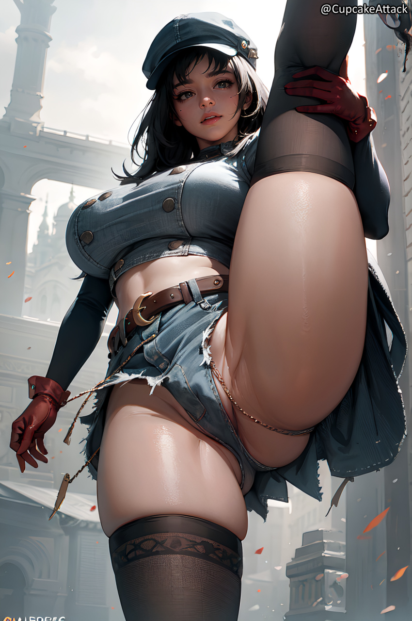 1girl ai_generated belt black_eyes black_hair cabbie_hat crop_top cupcakeattack denim_shorts female_only final_fantasy final_fantasy_vii final_fantasy_vii_remake from_below gloves holding_leg huge_breasts kyrie_canaan leg_lift lifting_leg looking_at_viewer red_gloves skindentation slim_waist standing stockings vulva wide_hips