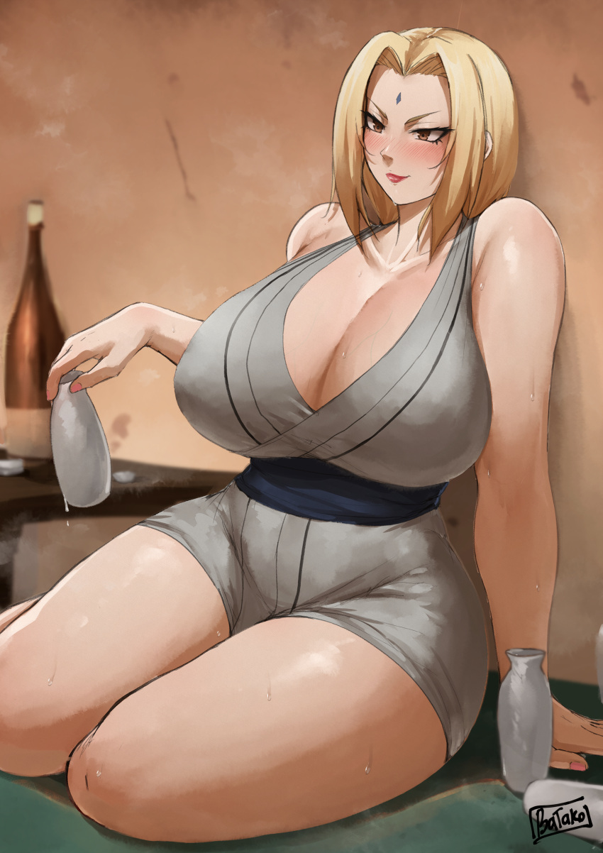 1girl 1girl 2022 alchohol alternate_version_available batako big_breasts blonde_hair blush breasts brown_eyes cleavage clothed clothed_female female_focus female_only forehead_jewel forehead_mark fully_clothed high_res hips holding_object huge_breasts indoors long_hair mature mature_female naruto naruto_(series) naruto_shippuden no_pants patreon patreon_paid patreon_reward sake short_kimono simple_background solo_female solo_focus steam steaming_body sweat sweaty_body tagme thick_thighs thighs thunder_thighs tight_clothing tsunade twin_tails vein veins veiny_breasts wide_hips