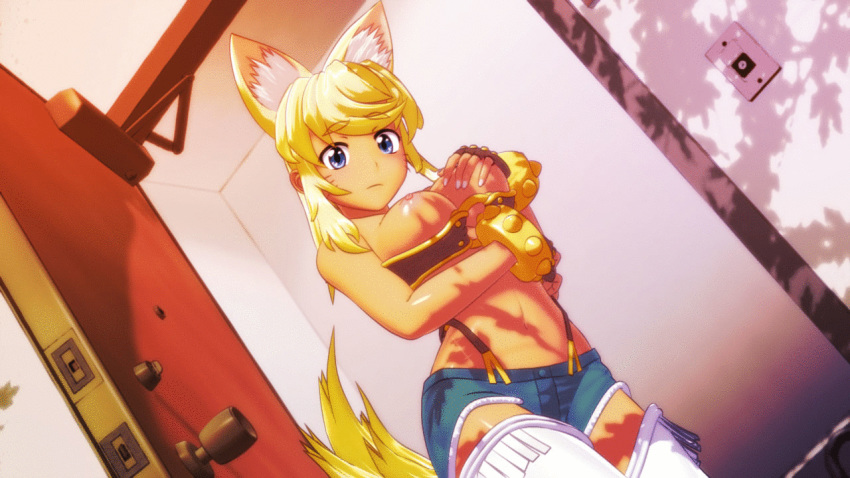 1girl 3d ?kami_sh?jo_to_issho animal_ears animated areolae blonde_hair blue_eyes breasts covering covering_breasts dark_skin door doorway female gif liru neko nipples renkin_san-kyuu_magical_pokaan seismic shorts solo tail wolf_ears wolf_tail