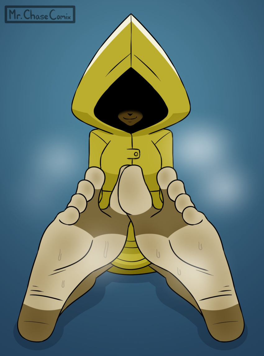 barefoot covering_face foot_fetish little_nightmares mr._chase_comix raincoat six six_(little_nightmares) smile soles sweat sweaty_feet toes