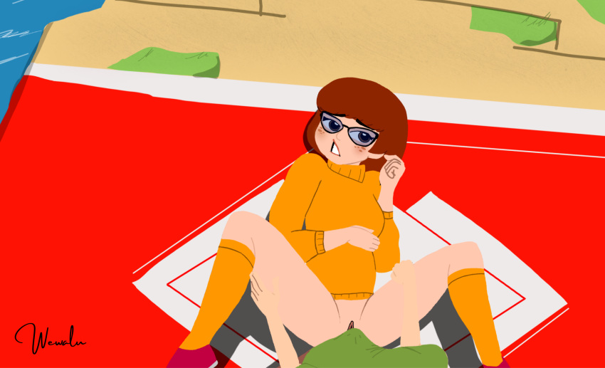 boner brown_eyes bulge eyewear glasses lipstick long_socks multiversus no_panties pants partially_clothed pressed_against pussy scooby-doo shaggy_rogers shirt shoes socks sweater velma_dinkley wewalu