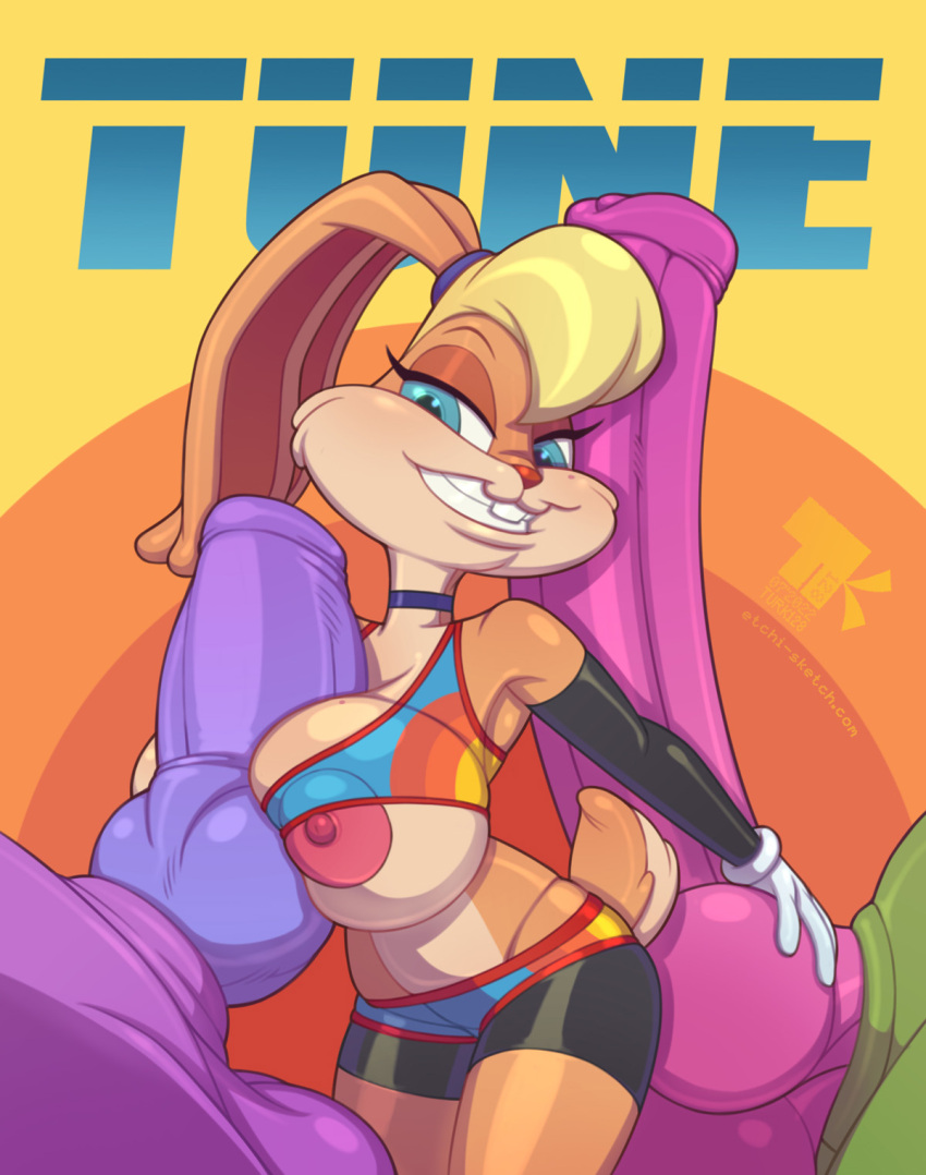 1girl 2boys anthro balls breasts caressing_testicles crossover furry huge_breasts huge_penis hyper hyper_penis lola_bunny looney_tunes monstar_(space_jam) nipple nipple_slip paizuri rabbit space_jam space_jam:_a_new_legacy tagme testicles turk128 warner_brothers