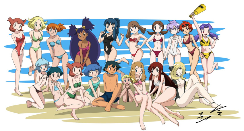 1boy alluring ash_ketchum casey_(pokemon) character_request cynthia_(pokemon) eureka_(pokemon) harem haruka_(pokemon) humans_of_pokemon iris_(pokemon) kasumi_(pokemon) may_(pokemon) misty_(pokemon) multiple_girls nanako_(pokemon) pokemon satoshi_(pokemon) serena_(pokemon) swimsuit