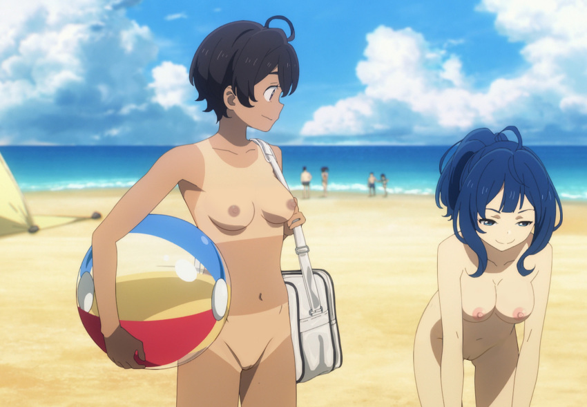 2_girls beach beach_ball big_breasts black_hair blue_eyes blue_hair dark_skin edit long_hair make_heroine_ga_oo_sugiru! medium_breasts nekom14 nipples nude ponytail pussy screencap short_hair tan_line tomb_raider yakishio_remon yanami_anna