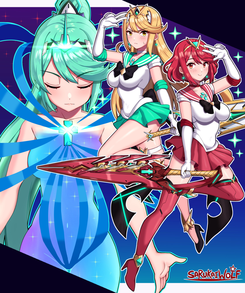 1girl 3_girls alluring alternate_costume bishoujo_senshi_sailor_moon cosplay female_only long_hair mythra nintendo older older_female pneuma_(xenoblade) pyra sailor_moon sailor_moon_(cosplay) sarukaiwolf short_hair xenoblade_(series) xenoblade_chronicles_2 young_adult young_adult_female young_adult_woman