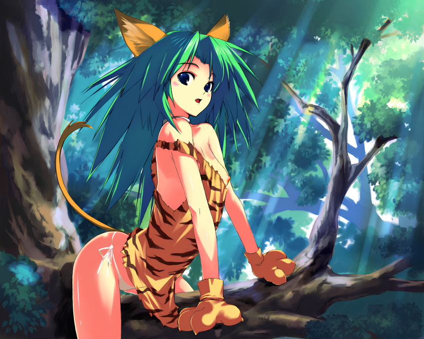 1girl animal_ears blue_eyes blush breasts cat_ears cat_girl cat_tail cham_cham female_focus female_only gloves green_hair long_hair nature nekomimi nipples panties paw_gloves samurai_shodown samurai_spirits side-tie_panties snk sunlight underwear