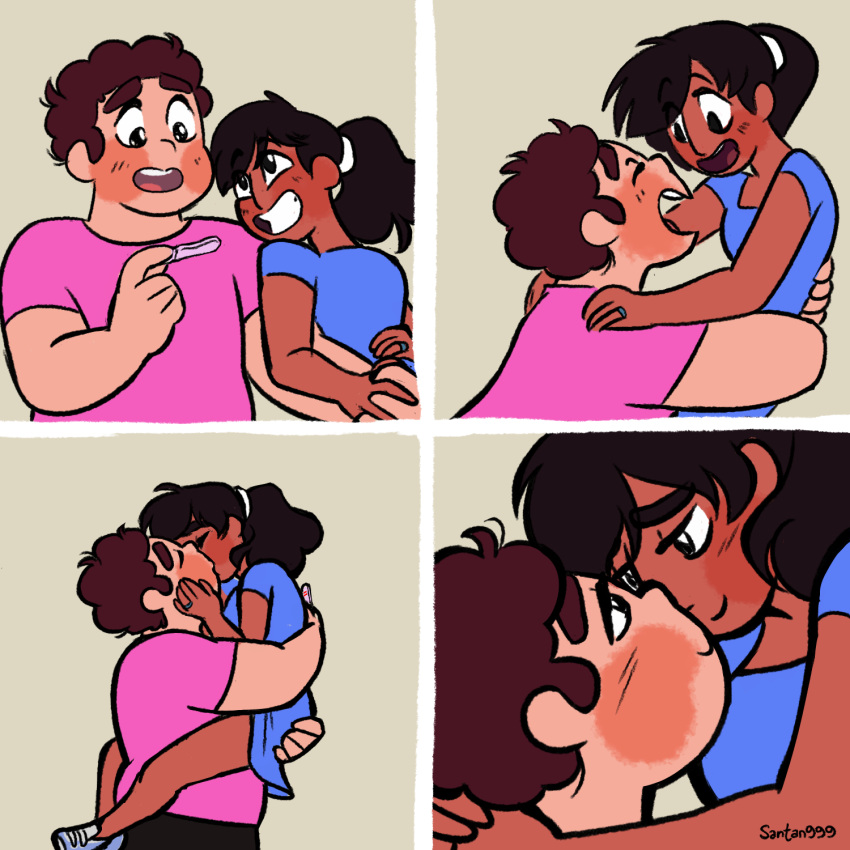 1boy 1girl 2022 4koma aged_up big_breasts blush canon_couple cartoon_network comic connie_maheswaran curly_hair dress fully_clothed grin hugging imminent_sex kissing leg_lock lifting_person long_hair looking_at_partner lowres male/female medium_breasts older pants ponytail pregnancy_test pregnant santan999 shirt signature standing steven_quartz_universe steven_universe teeth wholesome