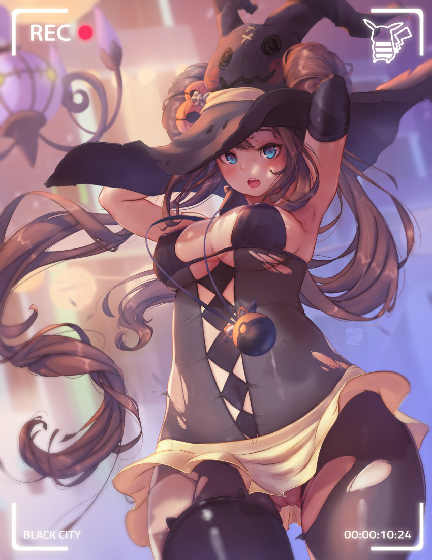 1girl big_breasts blue_eyes bodysuit brown_hair camera_pov camera_view chandelure hair_bun halloween halloween_costume human long_hair looking_at_viewer mitsu_(mitsu_art) necklace nintendo pokemon pokemon_bw2 rosa_(pokemon) torn_bodysuit twin_tails under_boob witch_hat