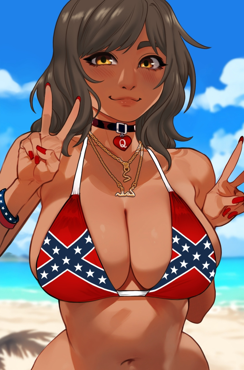 1girl american american_female beach big_breasts bikini_top brown_eyes brown_hair brown_skin choker choker_necklaces confederate_flag dark-skinned_female double_v kamala_khan long_hair looking_at_viewer marvel marvel_comics ms._marvel muslim muslim_female necklace older older_female pakistani_female peace_sign queen_of_hearts racism racist racist_slut red_nails smile superheroine v young_adult young_adult_female young_adult_woman