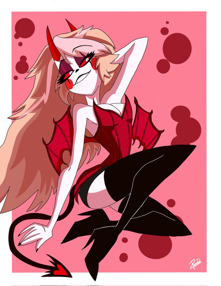 1girl blonde boots charlie_morningstar_(hazbin_hotel) cleavage demon demon_girl hazbin_hotel long_hair sexy_pose sitting solo_female solo_focus thetitandraw thighs twitter vivienne_medrano vivziepop