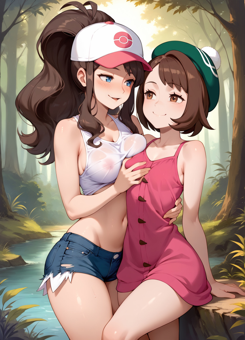 ai_generated breast_grab breasts_press breasts_pressed_against_partner dress excited_expression female_only gloria_(pokemon) grabbing_breasts looking_at_partner nipples_visible_through_clothing pokemon pokemon_(anime) pokemon_(game) pokemon_black_and_white pokemon_bw pokemon_sm pokemon_sword_&_shield pressed_boobs shorts tank_top wet_clothes white_(pokemon) yuri