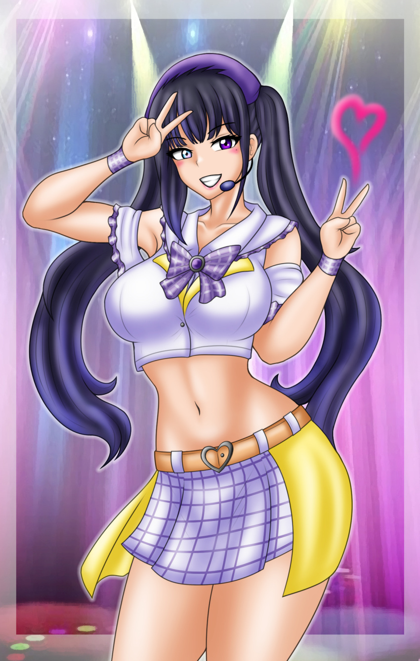 1girl alluring big_breasts black_hair crop_top double_v heterochromia idol kanisuka_rita ohsama_sentai_king-ohger skirt super_sentai treezero v